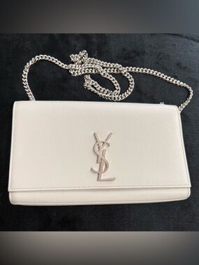 Saint Laurent YSL Medium Kate Leather Shoulder Bag.  Ivory with Silver Hardware.